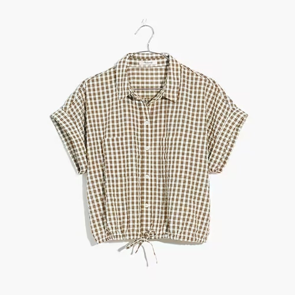 Madewell Seersucker Button-Up Drawstring Shirt in Plaid Sz XS